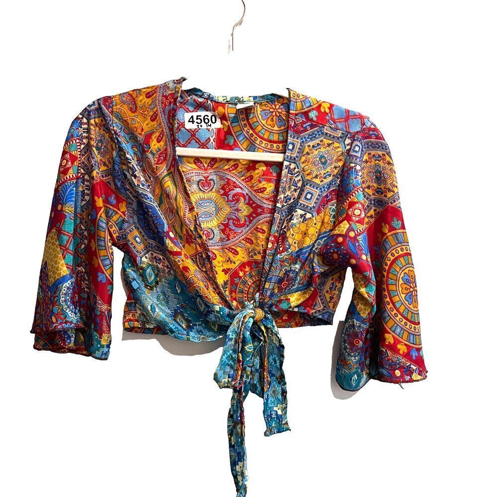 Fan Blue Hotel Womens Multicolor Boho Wrap Top FS Paisley Cropped Flared Sleeve